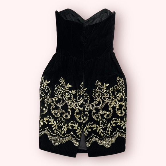 Jessica McClintock GUNNE SAX Vintage Black Velvet Gold Glitter Strapless Dress - Picture 2 of 7